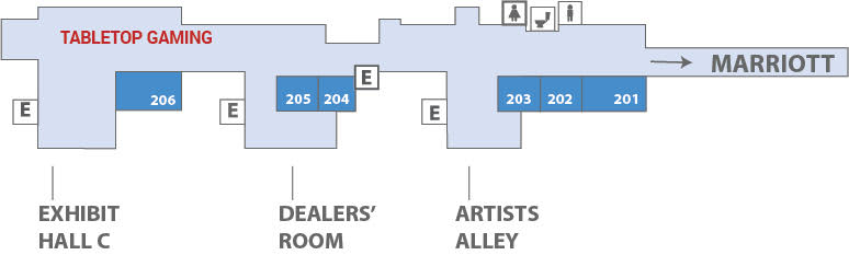 an image of the mezzanine level of the RCC.  Tabletop Gaming is indicated just outside of room 206.